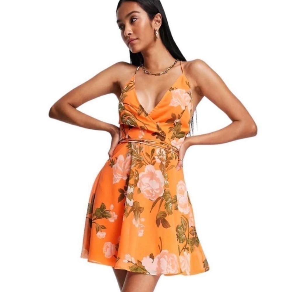 Asos Design Orange Floral Cami Wrap Lace Up Back Mini Dress Size 8